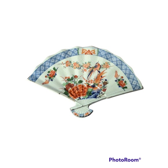 Vintage Japanese Ceramic Fan Gold Tone Rim Sticker w/Japan & "N" Birds Flowers - Picture 1 of 8